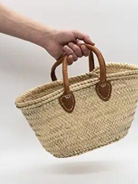 Mini French Market Basket Handwoven Tote with Leather Handle